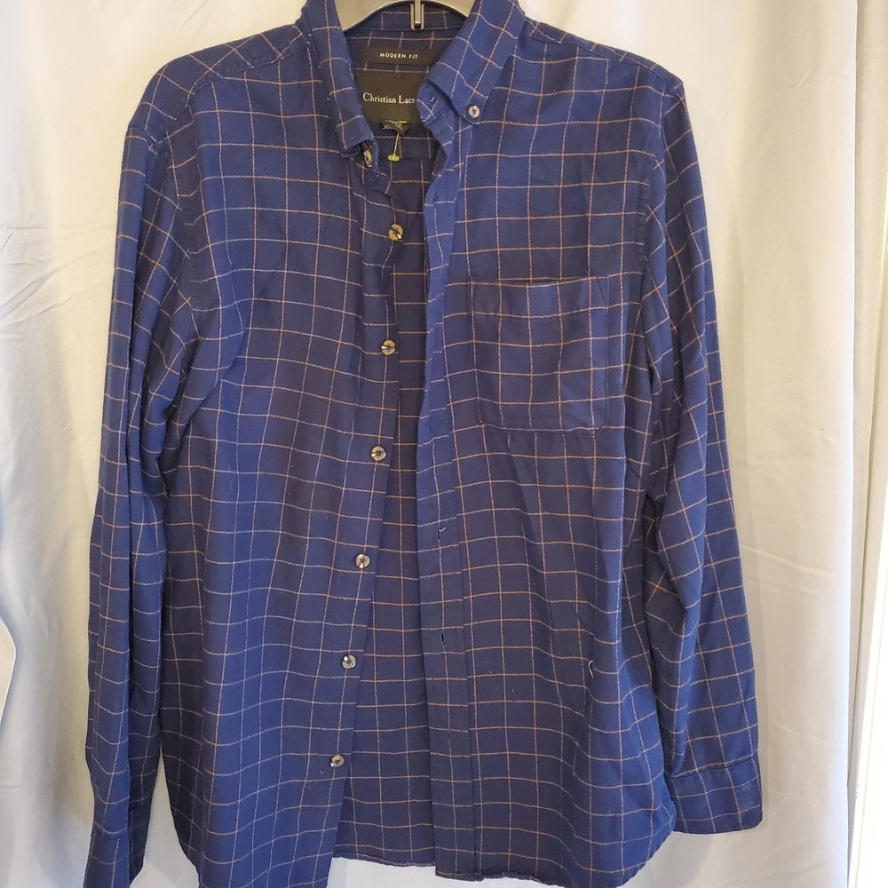 Christian‎ Lacroix Mens Medium Plaid Button Down Shirt  Dark Blue and Tan